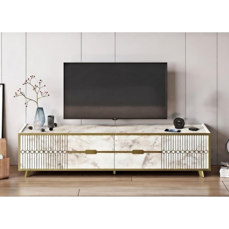 Mueble de TV ELOISE · biIaminado mármol blanco con detalles dorados · 180 cms.