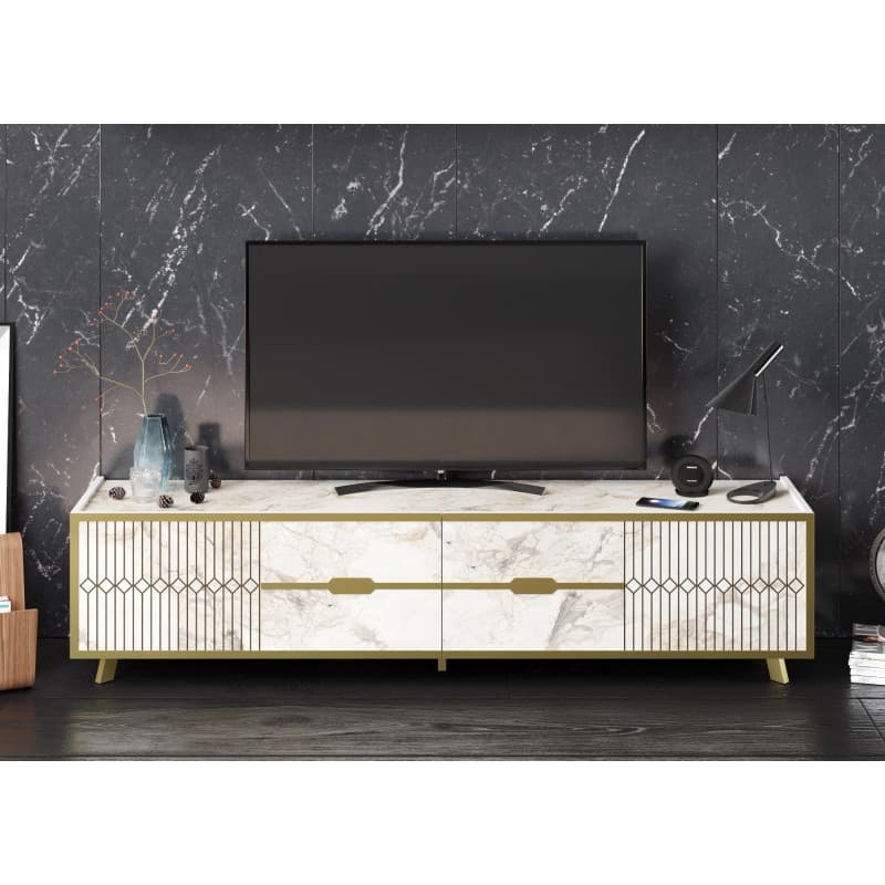 Mueble de TV ELOISE · biIaminado mármol blanco con detalles dorados · 180 cms. 2
