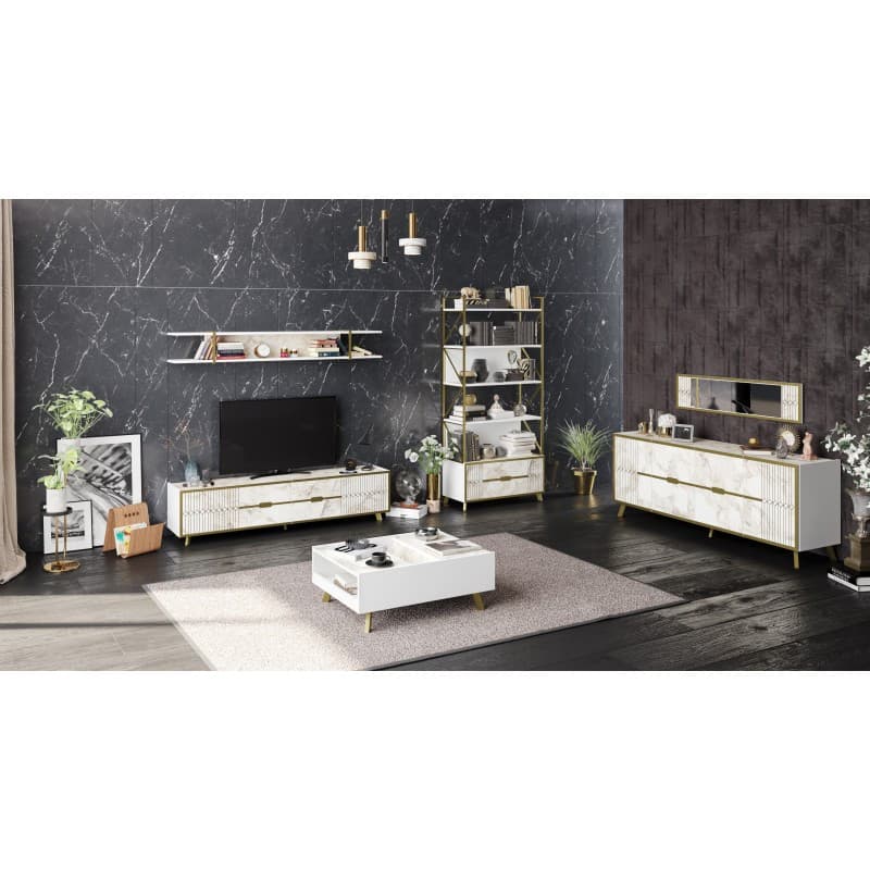 Mueble de TV ELOISE · biIaminado mármol blanco con detalles dorados · 180 cms. 4
