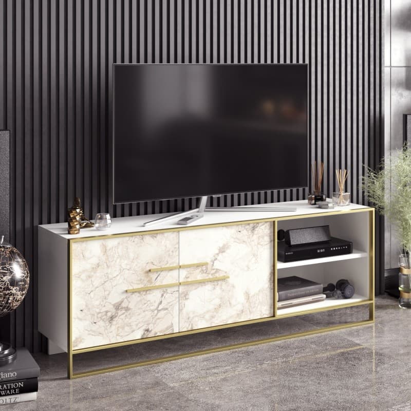 Mueble de TV SIENA · biIaminado mármol blanco con metal dorado · 160 cms. 2