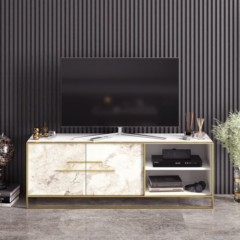Mueble de TV SIENA · biIaminado mármol blanco con metal dorado · 160 cms. 3