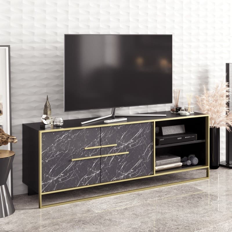 Mueble de TV SIENA · biIaminado mármol negro con metal dorado · 160 cms.
